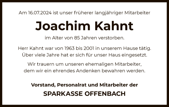 Traueranzeige von Joachim Kahnt von OF