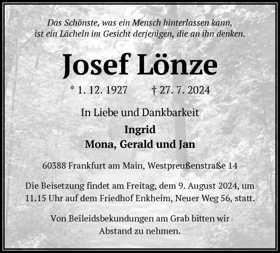 Traueranzeige von Josef Lönze von OF