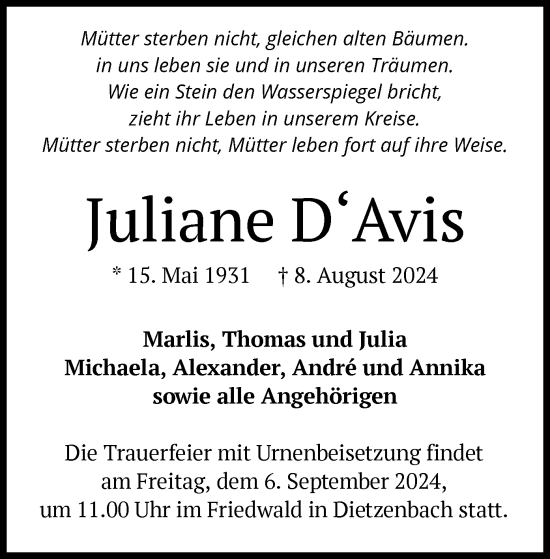 Traueranzeige von Juliane DAvis von OF