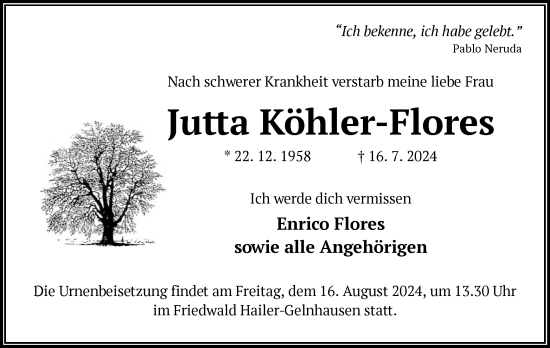 Traueranzeige von Jutta Köhler-Flores von OF