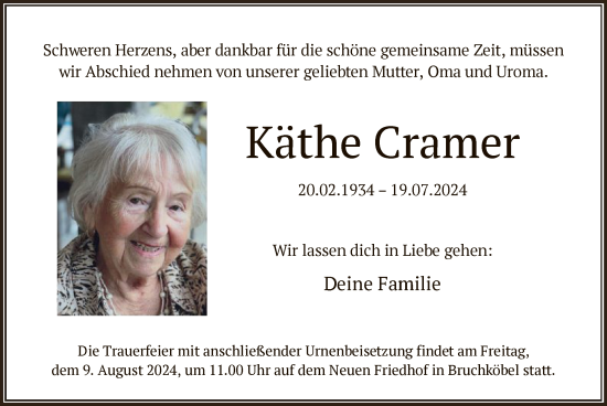 Traueranzeige von Käthe Cramer von OF