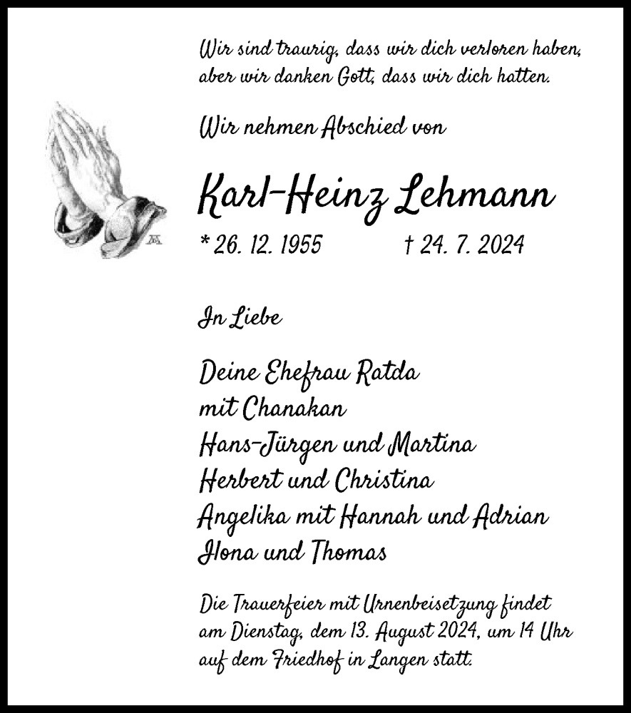  Traueranzeige für Karl-Heinz Lehmann vom 03.08.2024 aus OF