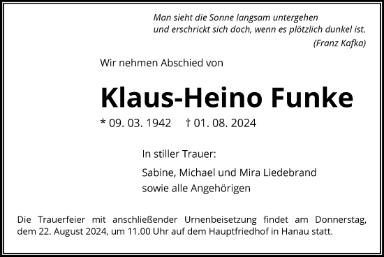 Traueranzeige von Klaus-Heino Funke von OF