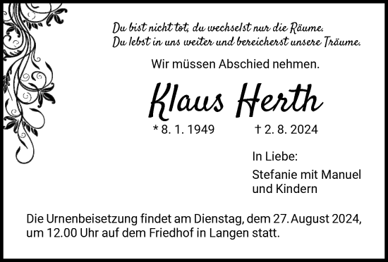 Traueranzeige von Klaus Herth von OF