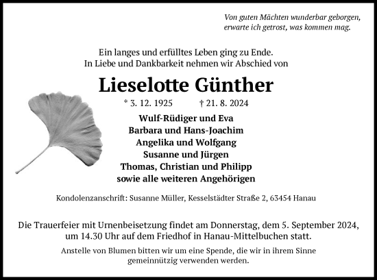 Traueranzeige von Lieselotte Günther von OF