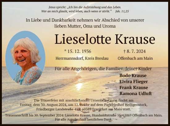 Traueranzeige von Lieselotte Krause von OF