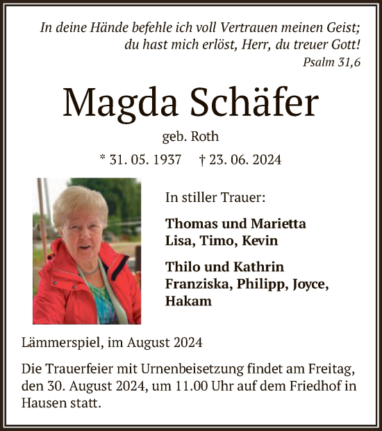 Traueranzeige von Magda Schäfer von OF