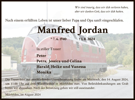 Traueranzeige von Manfred Jordan von OF