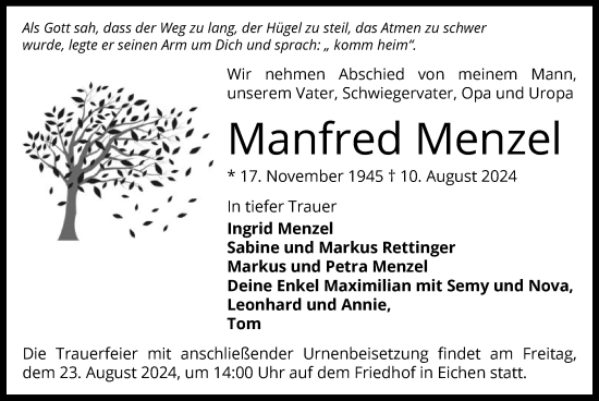 Traueranzeige von Manfred Menzel von OF