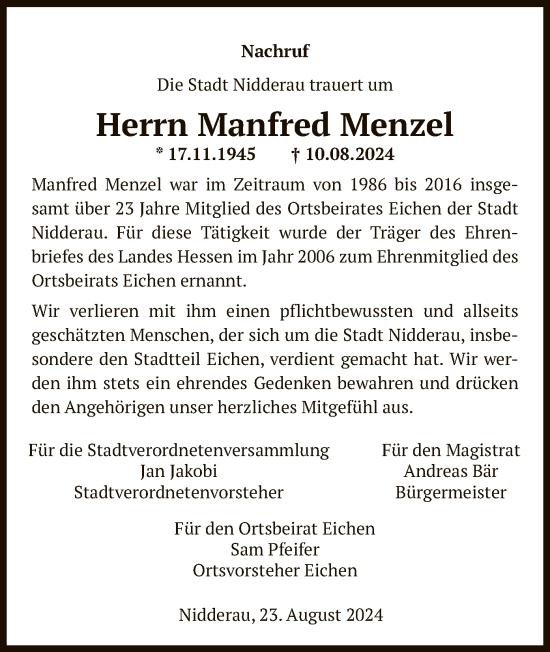 Traueranzeige von Manfred Menzel von OF