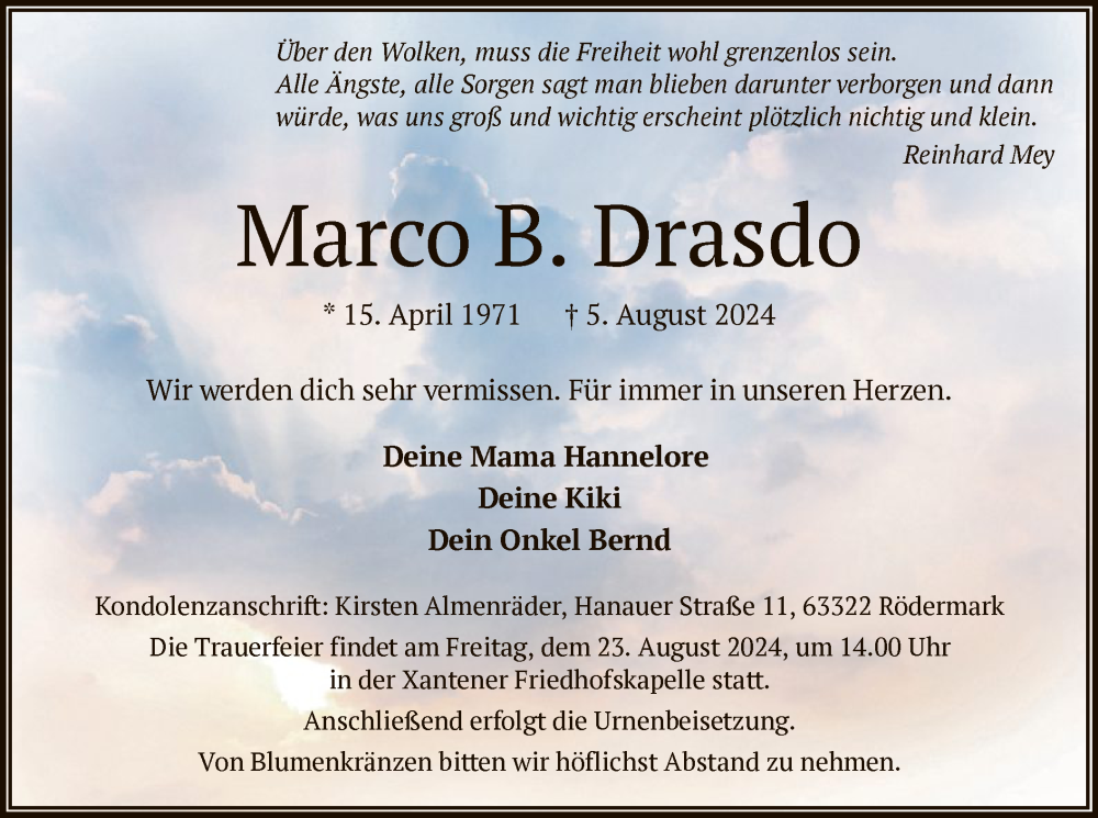  Traueranzeige für Marco B. Drasdo vom 17.08.2024 aus OF