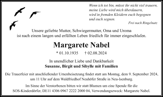 Traueranzeige von Margarete Nabel von OF