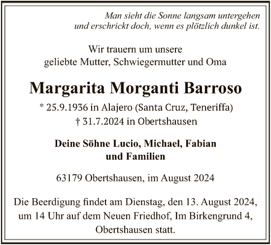 Traueranzeige von Margarita Morganti Barroso von OF