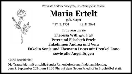 Traueranzeige von Maria Ertelt von OF