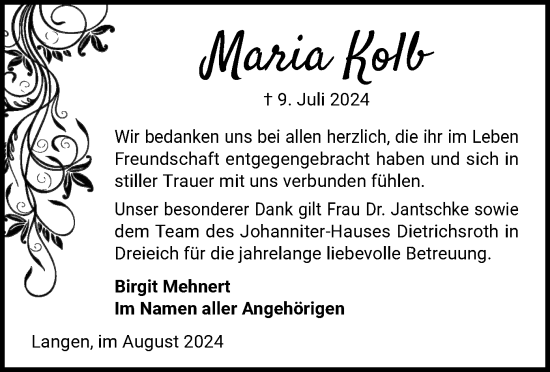 Traueranzeige von Maria Kolb von OF