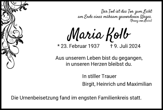 Traueranzeige von Maria Kolb von OF