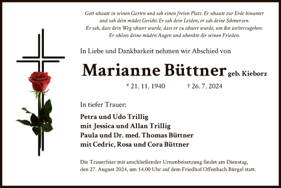 Traueranzeige von Marianne Büttner von OF