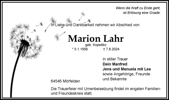 Traueranzeige von Marion Lahr von OF