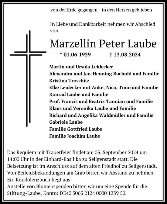 Traueranzeige von Marzellin Peter Laube von OF