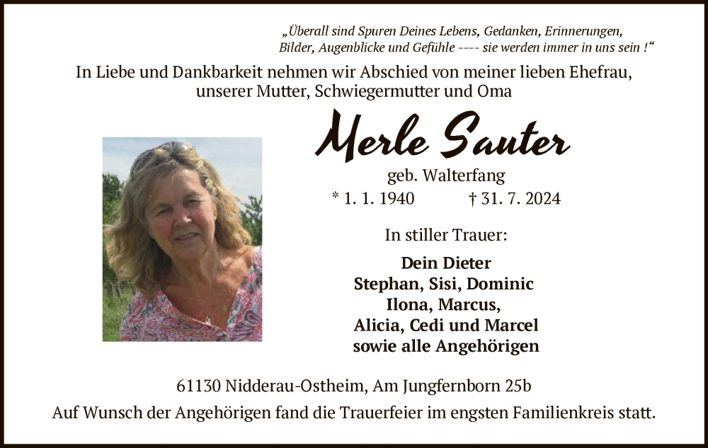  Traueranzeige für Merle Sauter vom 17.08.2024 aus OF