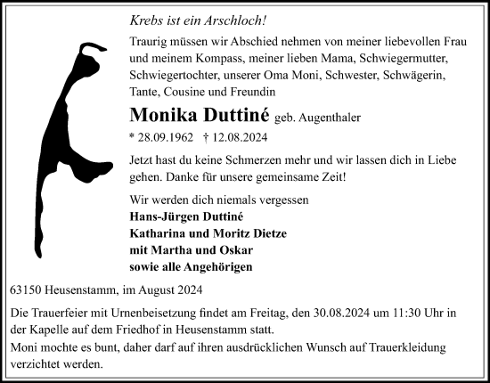 Traueranzeige von Monika Duttiné von OF