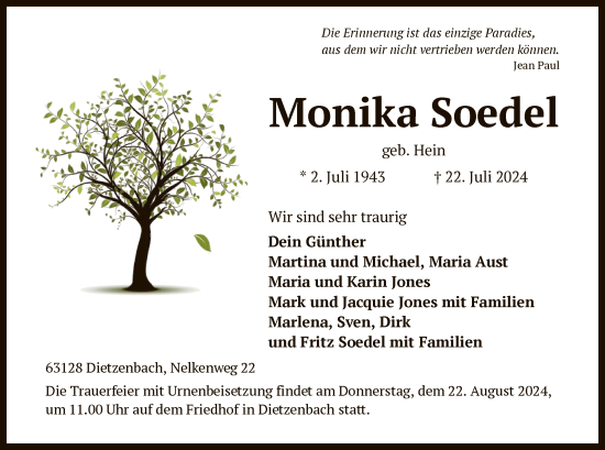 Traueranzeige von Monika Soedel von OF