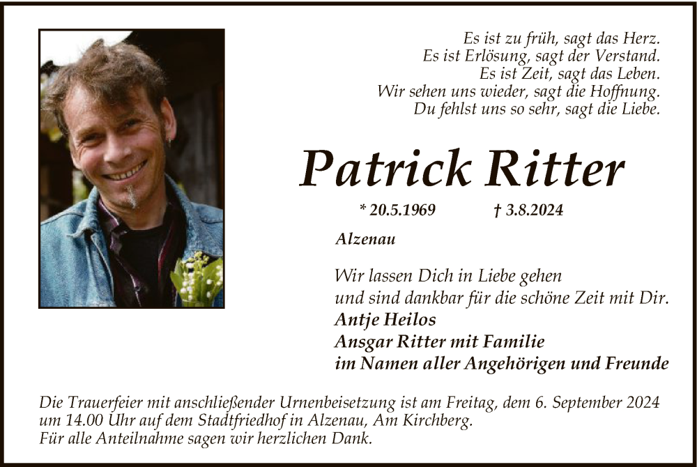  Traueranzeige für Patrick Ritter vom 10.08.2024 aus OF