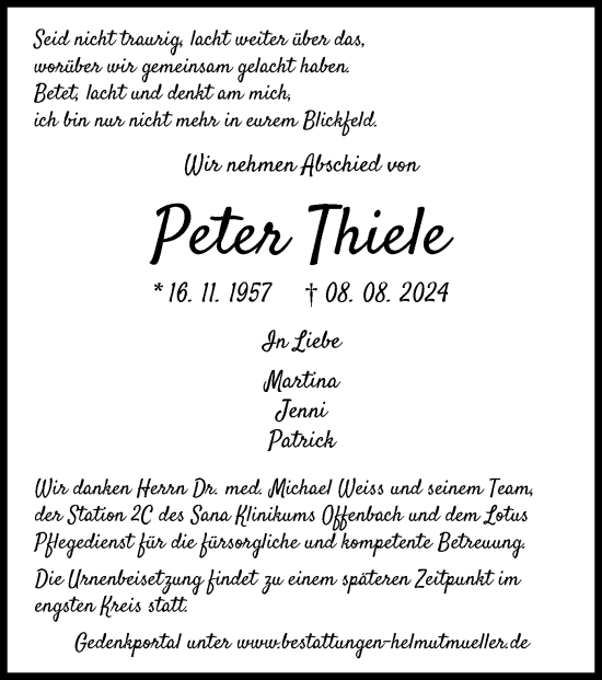 Traueranzeige von Peter Thiele von OF