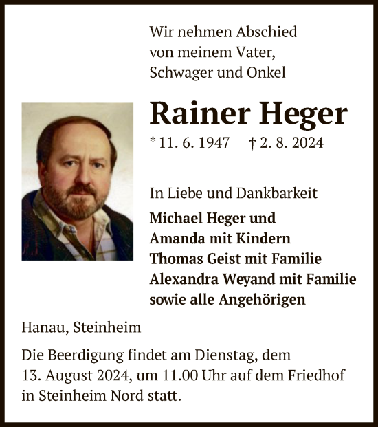 Traueranzeige von Rainer Heger von OF