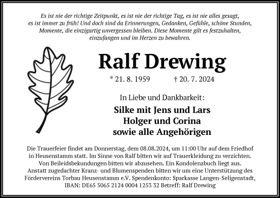 Traueranzeige von Ralf Drewing von OF