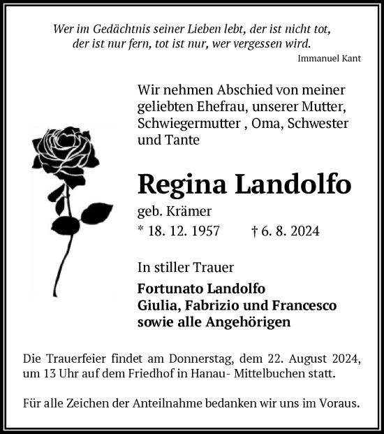 Traueranzeige von Regina Landolfo von OF