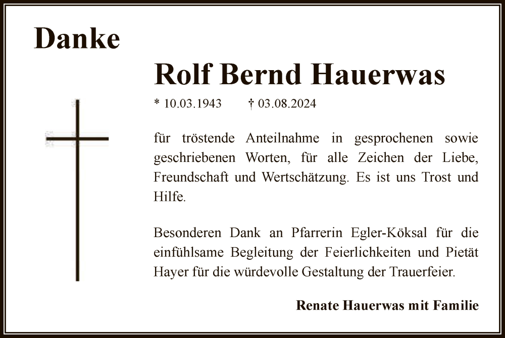  Traueranzeige für Rolf Bernd Hauerwas vom 17.08.2024 aus OF