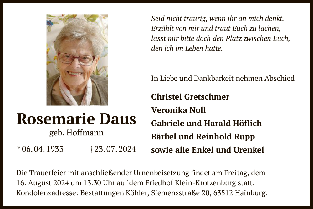  Traueranzeige für Rosemarie Daus vom 10.08.2024 aus OF