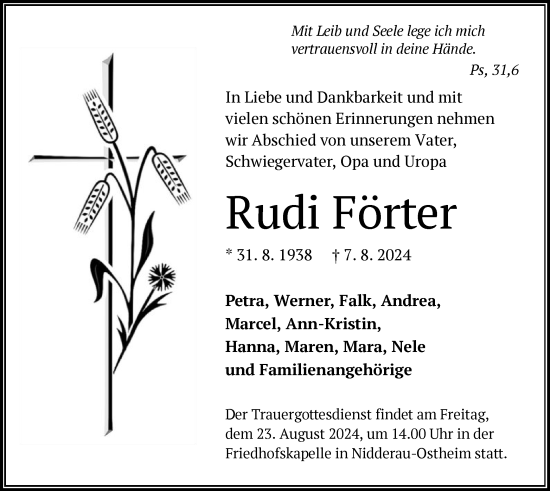 Traueranzeige von Rudi Förter von OF