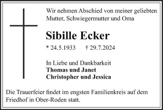 Traueranzeige von Sibille Ecker von OF