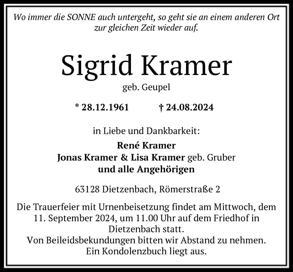  Traueranzeige für Sigrid Kramer vom 31.08.2024 aus OF