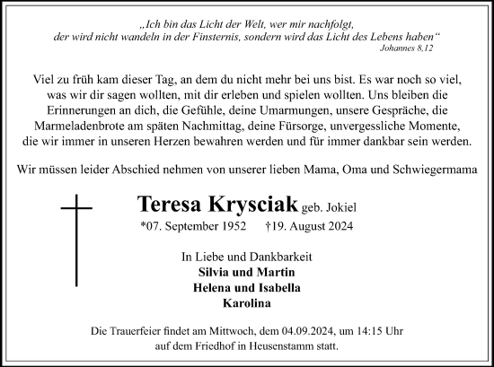 Traueranzeige von Teresa Krysciak von OF