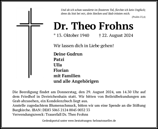 Traueranzeige von Theo Frohns von OF