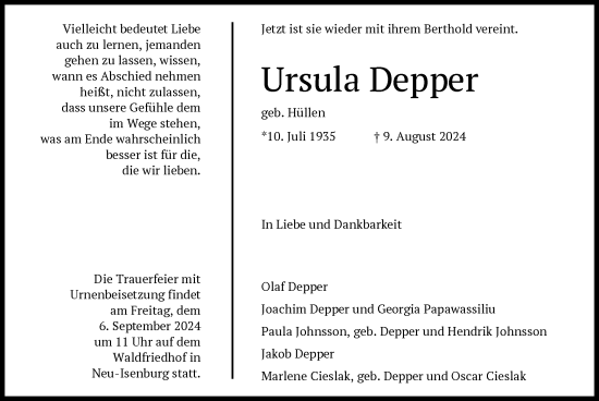 Traueranzeige von Ursula Depper von OF