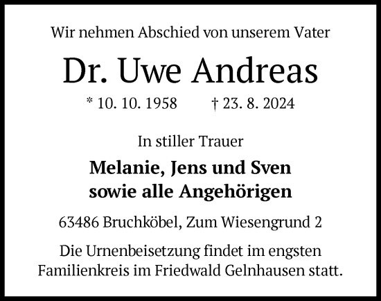 Traueranzeige von Uwe Andreas von OF