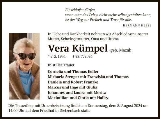 Traueranzeige von Vera Kümpel von OF