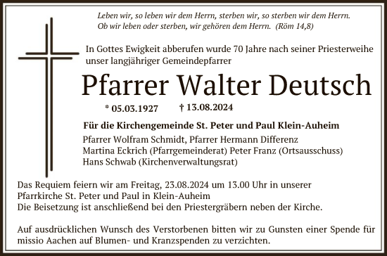 Traueranzeige von Walter Deutsch von OF