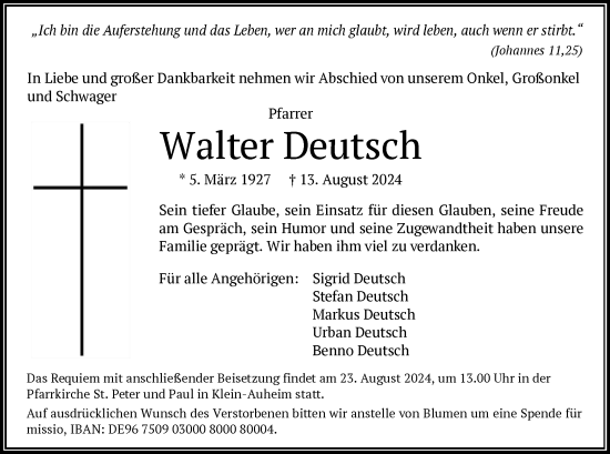 Traueranzeige von Walter Deutsch von OF