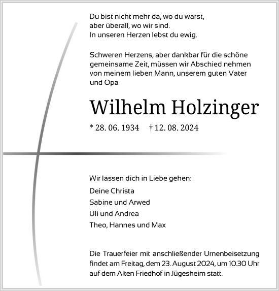 Traueranzeige von Wilhelm Holzfinger von OF