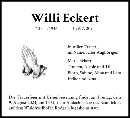 Traueranzeige von Willi Eckert von OF