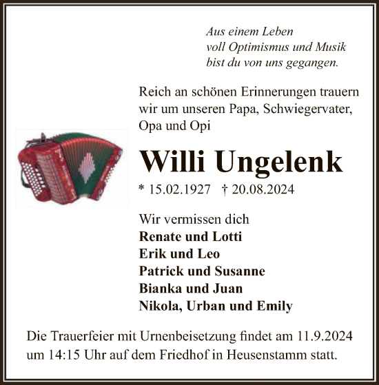 Traueranzeige von Willi Ungelenk von OF