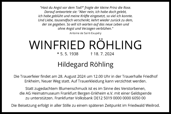 Traueranzeige von Winfried Röhling von OF