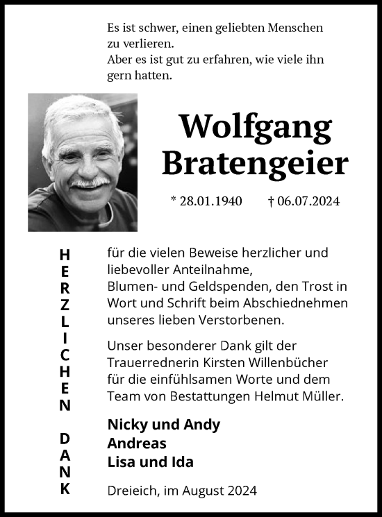 Traueranzeige von Wolfgang Bratengeier von OF