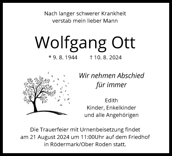 Traueranzeige von Wolfgang Ott von OF