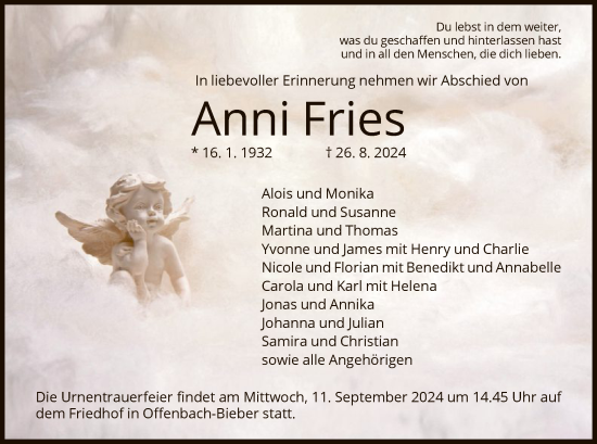 Traueranzeige von Anni Fries von OF